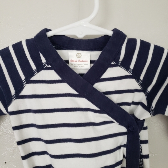 Hanna Andersson Baby 50 Navy Blue & White Striped Long Sleeve Wrap Bodysuit 0-3 - Picture 2 of 6